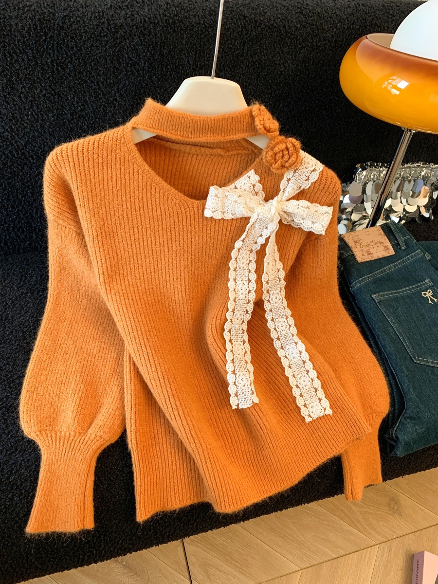 Korean Sweet Halter Hollow Flower Knit Sweater Women Winter Thickened - Image 2