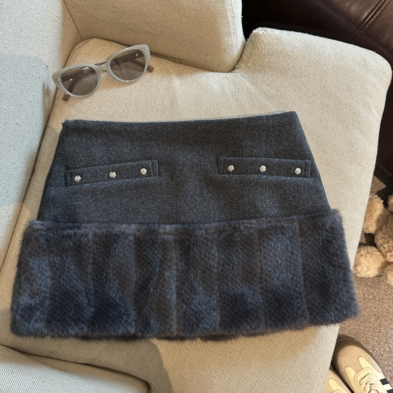 High-Waist A-Line Bodycon Mini Skirt with Faux Fur Trim Wool Blend Women - Image 5