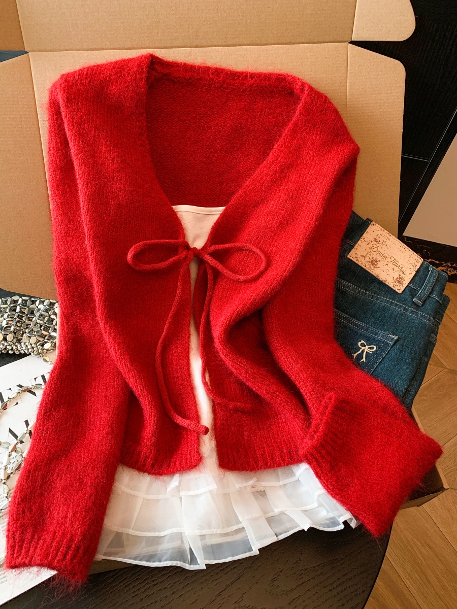 Red Sweater and White Knit Vest Two-Piece Set for Women Casual Lace Detail