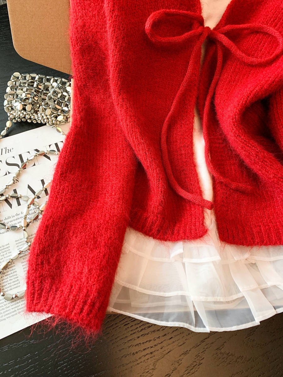 Red Sweater and White Knit Vest Two-Piece Set for Women Casual Lace Detail - Image 4