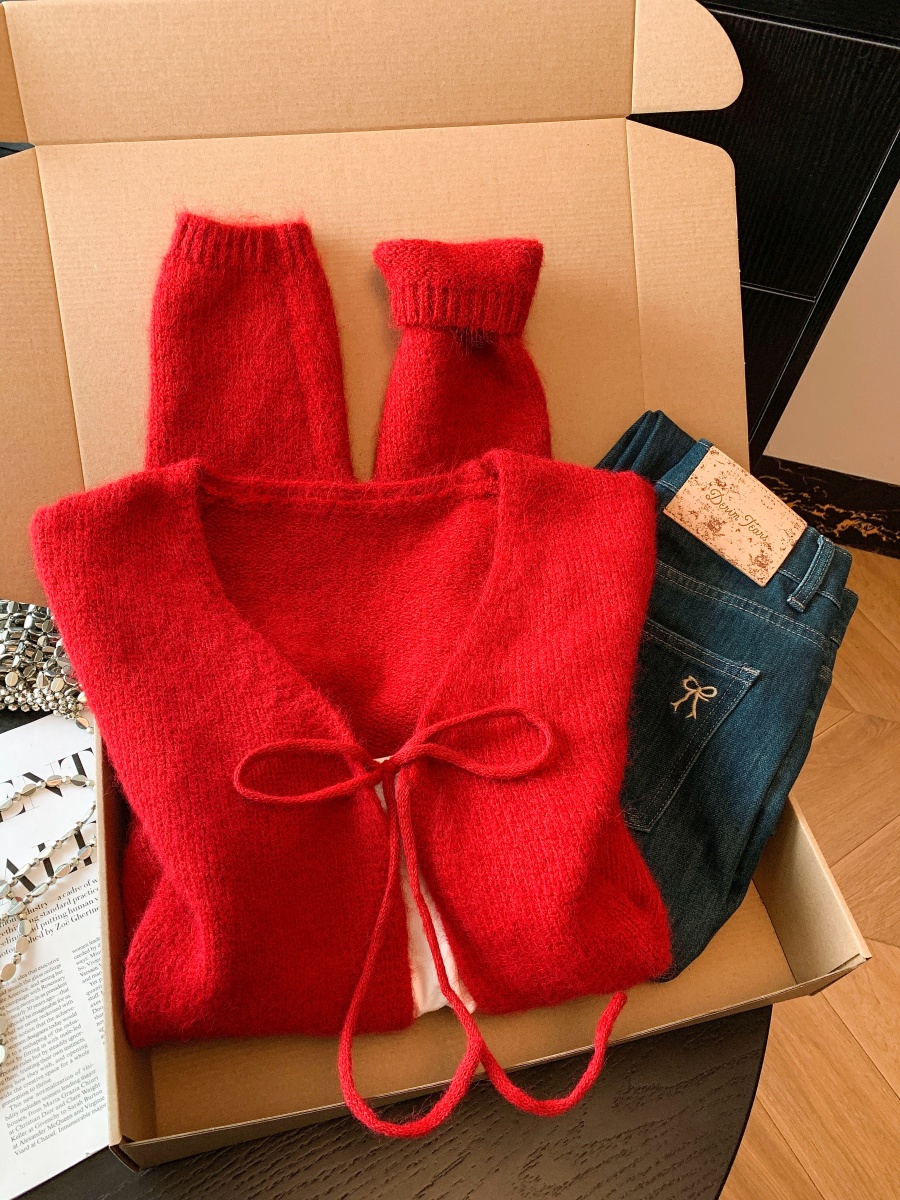 Red Sweater and White Knit Vest Two-Piece Set for Women Casual Lace Detail - Image 2