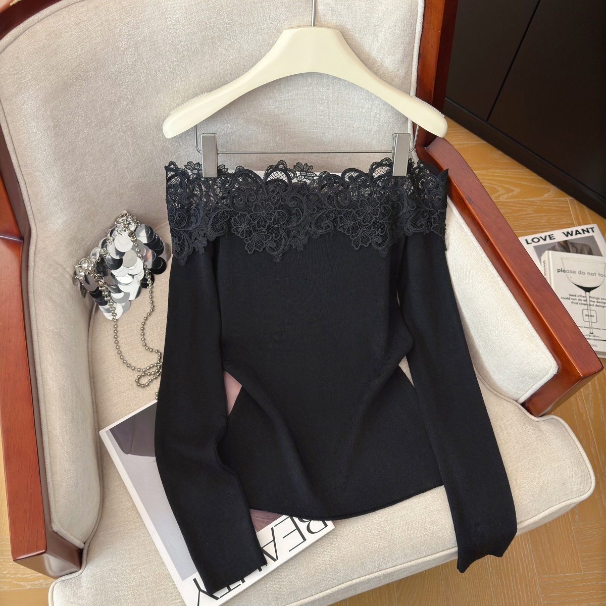 French Style Lace Patchwork Knit Top Women Off-Shoulder Slimming Long Sleeve Fall - Image 3