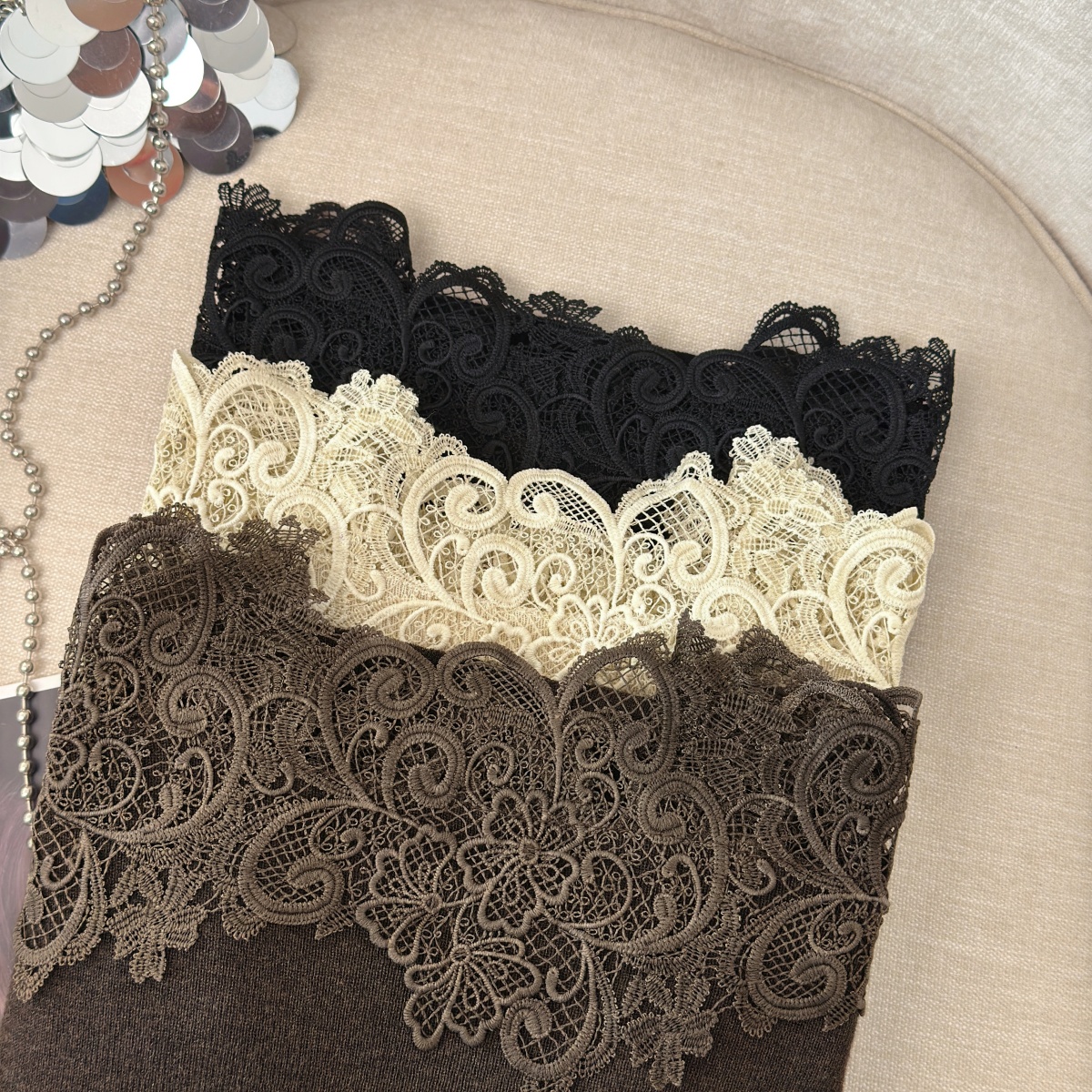 French Style Lace Patchwork Knit Top Women Off-Shoulder Slimming Long Sleeve Fall - Image 5