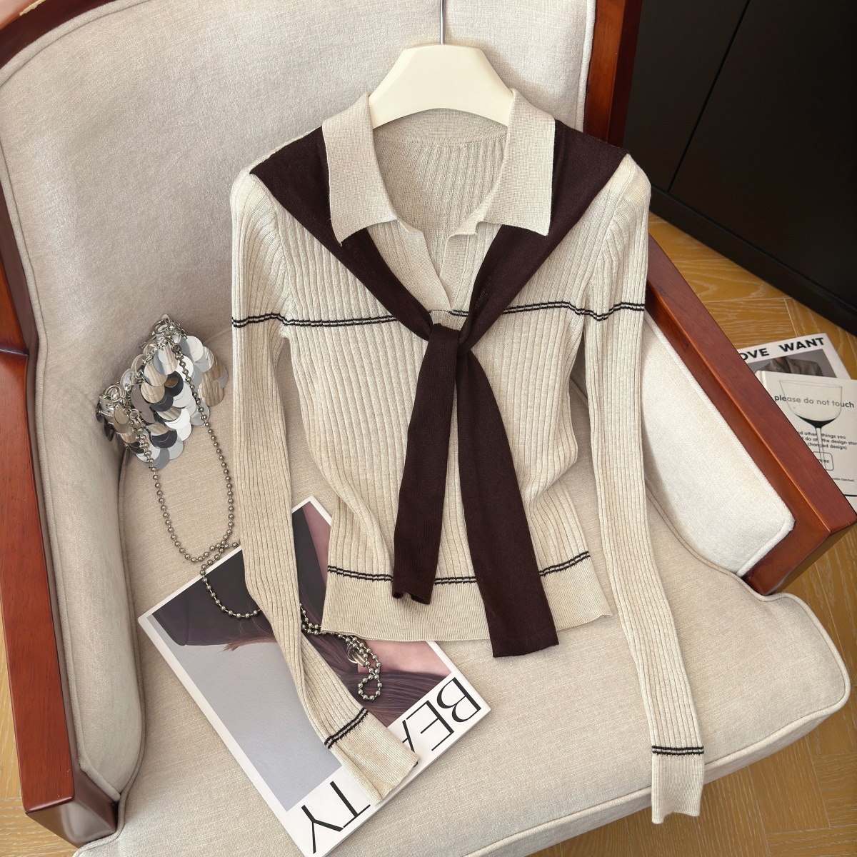 Slimming Patchwork Cape Knit Top for Women Fall Long Sleeve Pullover - Image 3