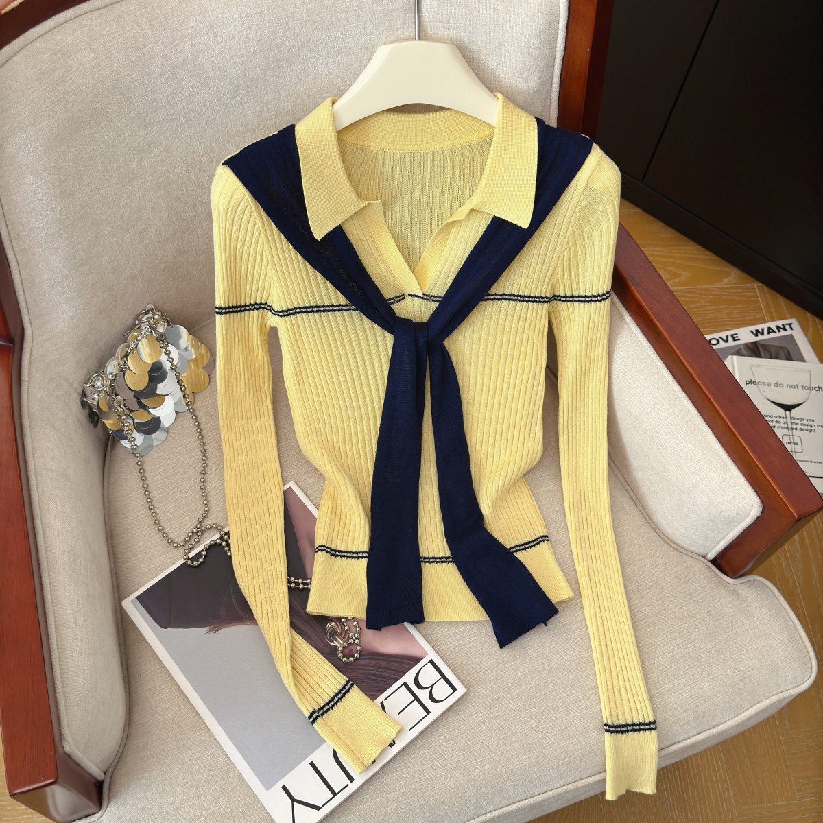 Slimming Patchwork Cape Knit Top for Women Fall Long Sleeve Pullover