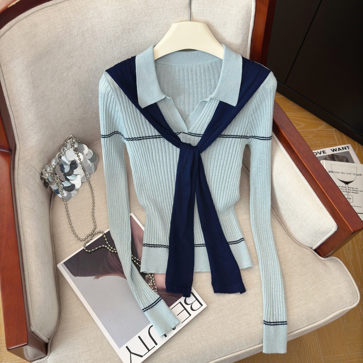 Slimming Patchwork Cape Knit Top for Women Fall Long Sleeve Pullover - Image 2