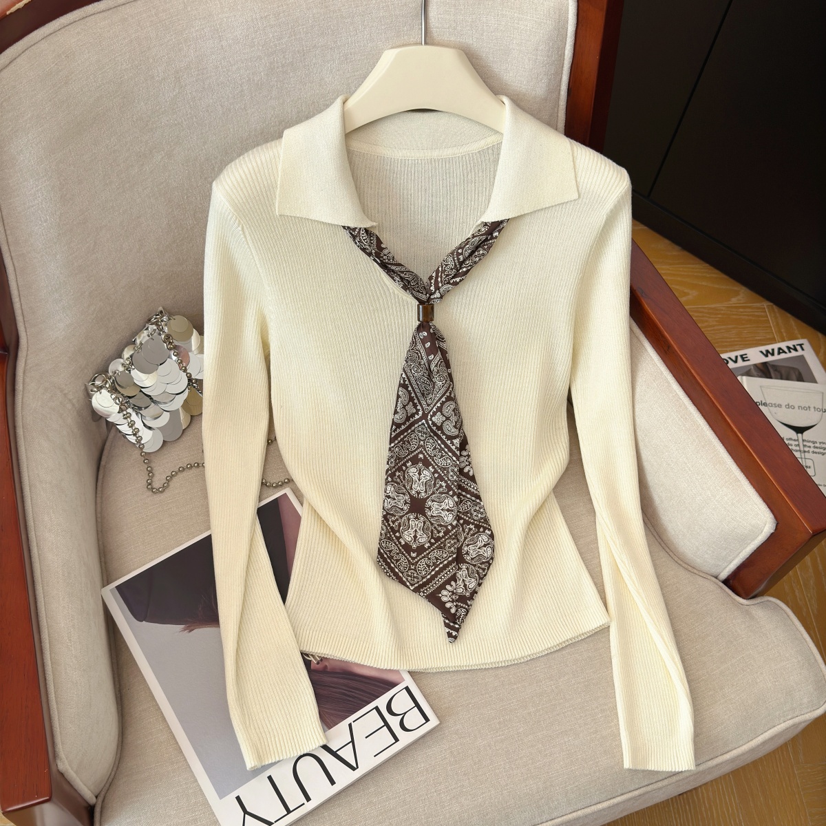 Hong Kong Style Ribbon Knit Top for Women Fall 2026 New Elegant Slimming Long Sleeve Pullover