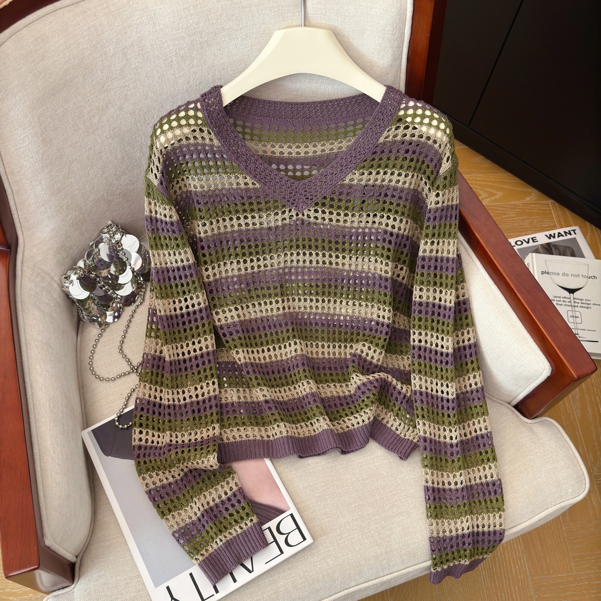 Retro Color Block Cutout V Neck Knit Top for Women Fall Winter