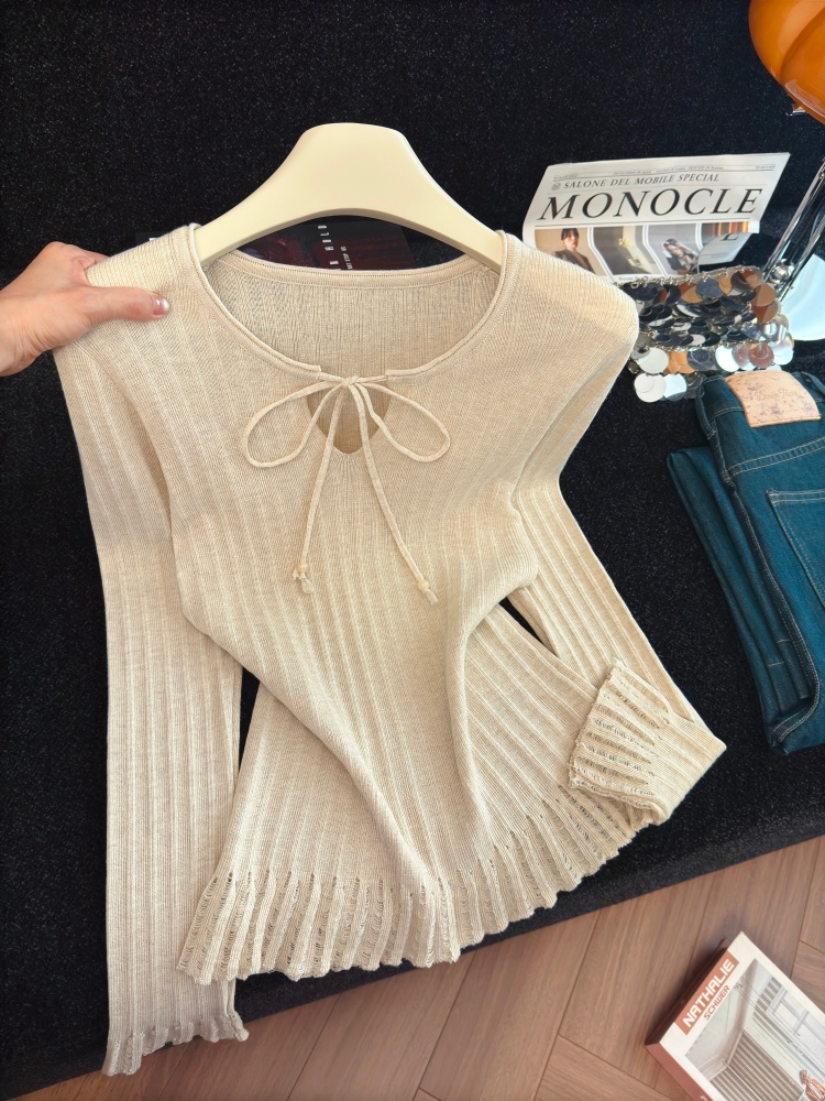 Women's Retro Lace-Up Knit Top Slimming Comfortable Long Sleeve Pullover
