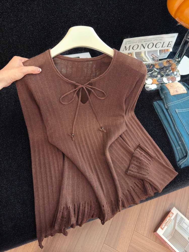 Women's Retro Lace-Up Knit Top Slimming Comfortable Long Sleeve Pullover - Image 2