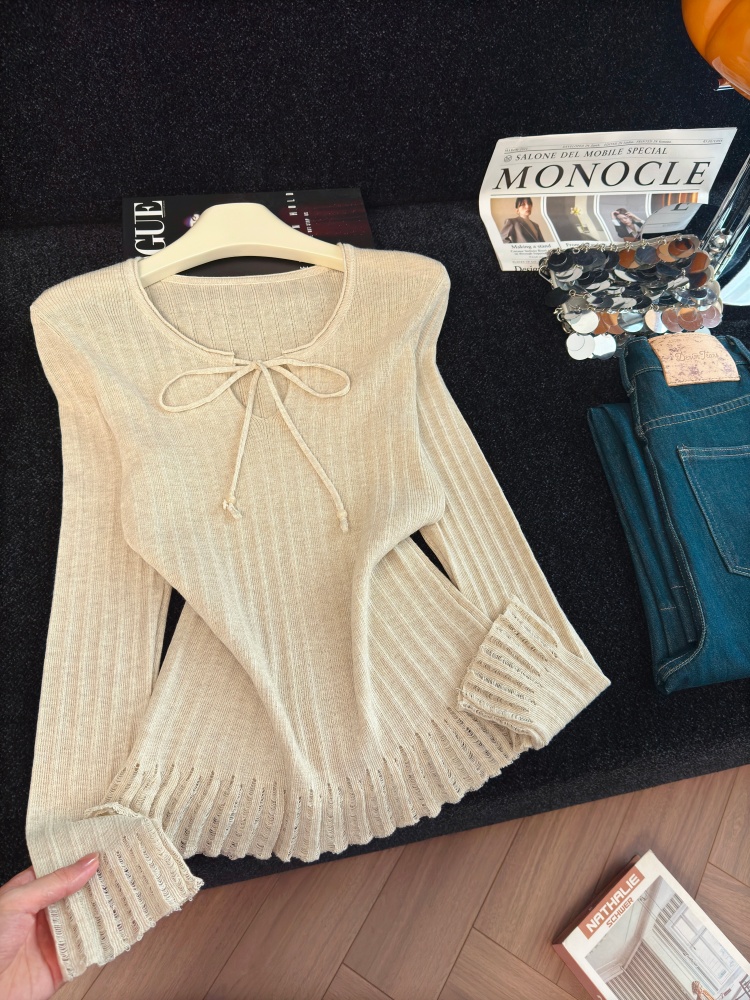 Women's Retro Lace-Up Knit Top Slimming Comfortable Long Sleeve Pullover - Image 3