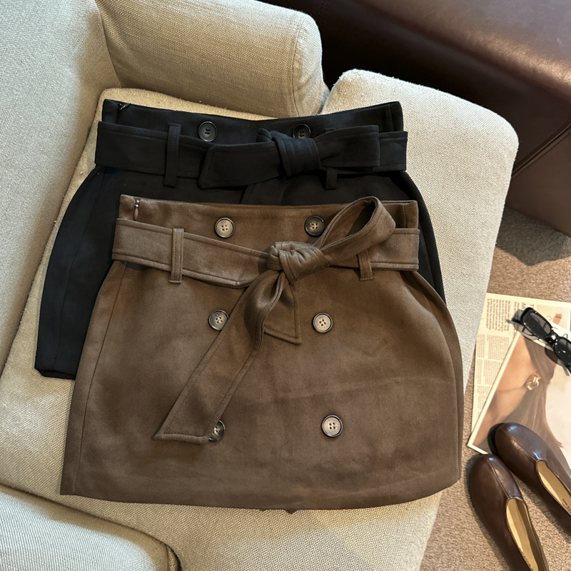 2026 Autumn Winter Vintage Button Lace-Up Faux Suede A-Line Mini Skirt for Women